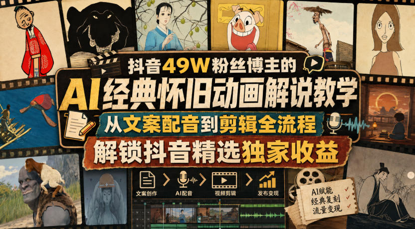 抖音49W粉丝博主的AI经典怀旧动画解说教学，从文案配音到剪辑全流程，解锁抖音精选独家收益-韬哥副业项目资源网