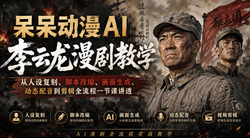 呆呆动漫AI李云龙漫剧教学，从人设复刻、脚本改编、画面生成、动态配音到剪辑全流程一节课讲透-韬哥副业项目资源网