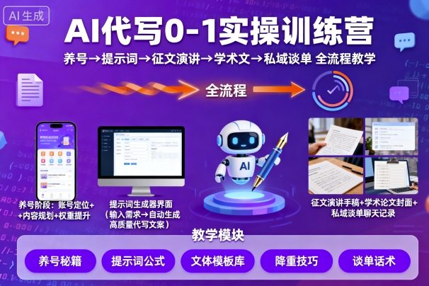 AI代写0-1实操训练营，从养号、提示词、征文演讲、学术文，到私域谈单的全流程教学-韬哥副业项目资源网