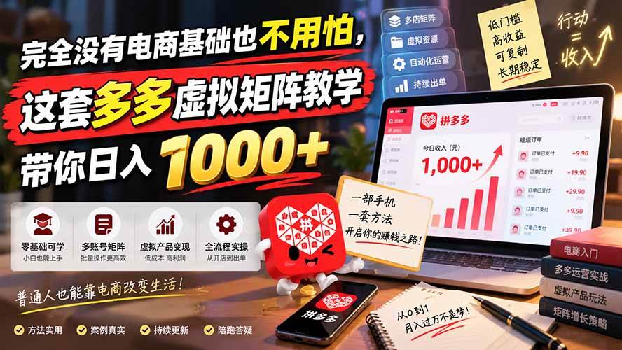 （20454期）完全没有电商基础也不用怕，这套多多虚拟矩阵教学带你日入 1000+-韬哥副业项目资源网