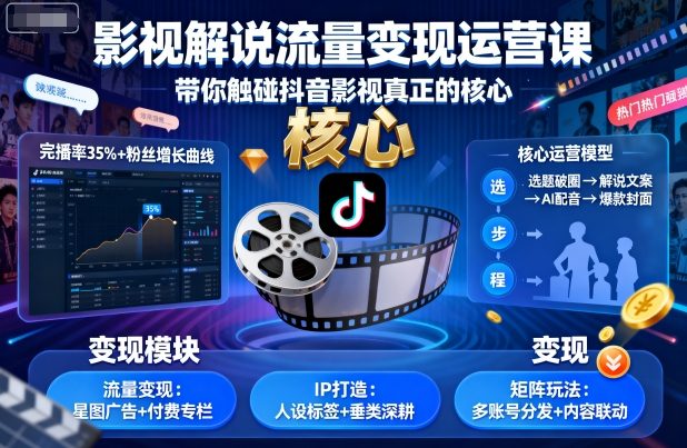 影视解说流量变现运营课，带你触碰抖音影视真正的核心-韬哥副业项目资源网