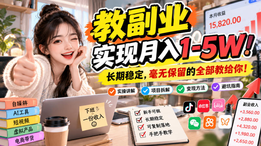 “教副业”实现月入1-5W！长期稳定，毫无保留的全部教给你！【揭秘】-韬哥副业项目资源网