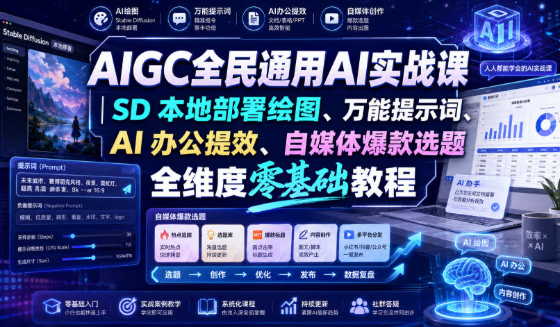 AIGC全民通用AI实战课｜SD本地部署绘图、万能提示词、AI办公提效、自媒体爆款选题全维度零基础教程-韬哥副业项目资源网