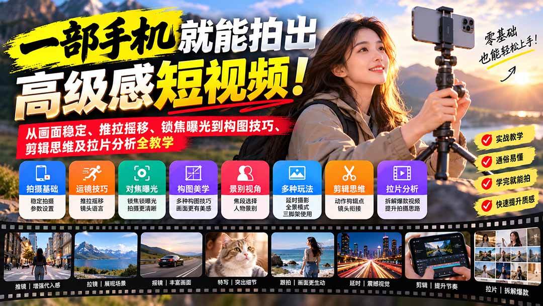 （21272期）一部手机就能拍出高级感短视频！从画面稳定、推拉摇移、锁焦曝光到构图技巧、剪辑思维及拉片分析全教学-韬哥副业项目资源网