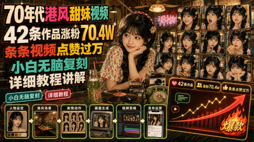 70年代港风甜妹视频，42条作品涨粉70.4W，条条视频点赞过万，小白无脑复刻，详细教程讲解-韬哥副业项目资源网