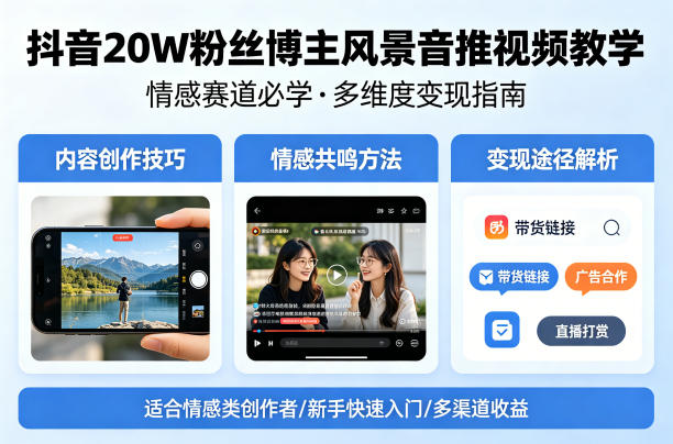 抖音20W粉丝博主风景音推视频教学，情感赛道必学，各种变现途径-韬哥副业项目资源网
