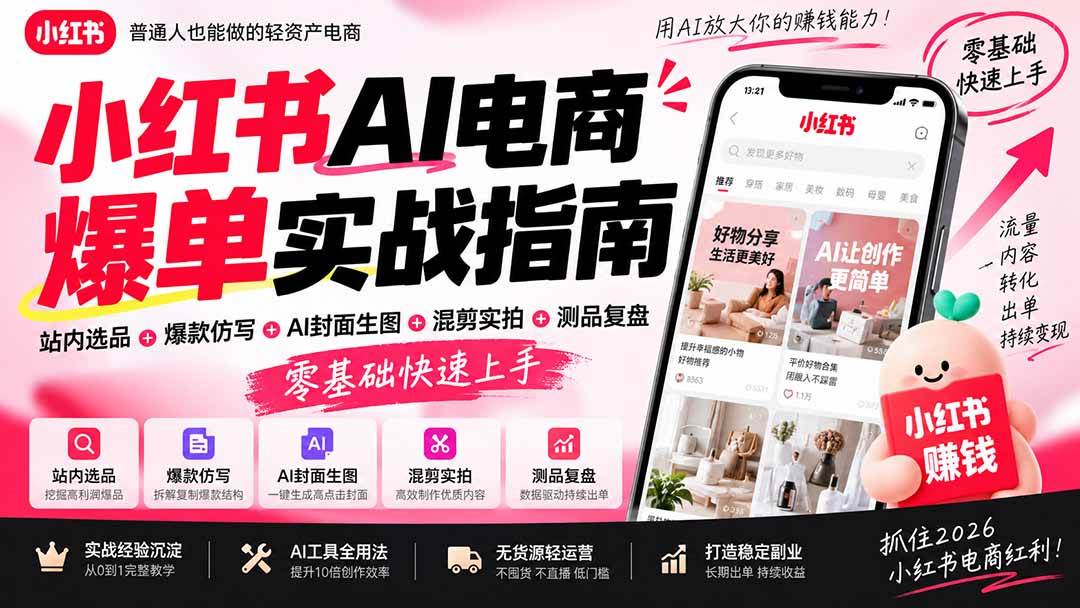 （20516期）2026小红书AI电商爆单实战指南：站内选品+爆款仿写+AI封面生图+混剪实拍+测品复盘，零基础快速上手-韬哥副业项目资源网