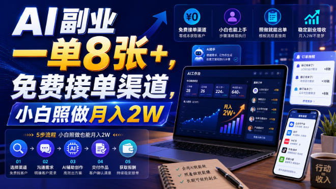 AI副业一单8张+，免费接单渠道，小白照做月入2W【揭秘】-韬哥副业项目资源网