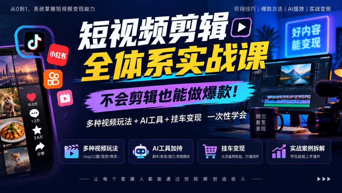 短视频剪辑全体系实战课，不会剪辑也能做爆款，多种视频玩法+AI工具+挂车变现一次性学-韬哥副业项目资源网