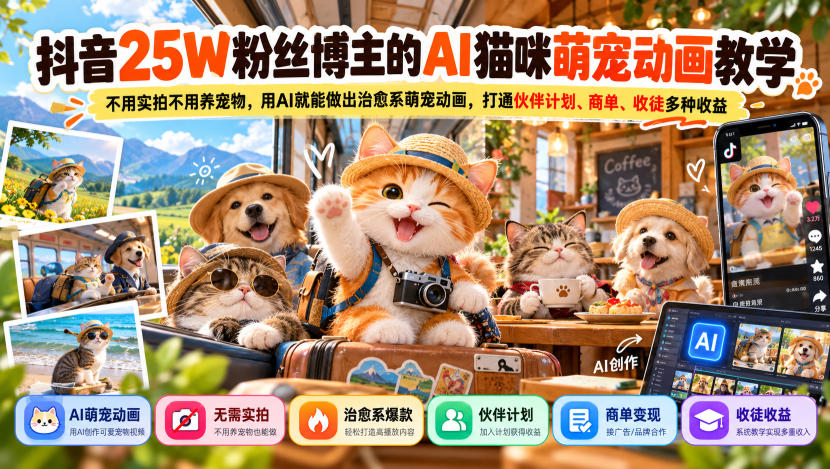 抖音25W粉丝博主的AI猫咪萌宠动画教学，不用实拍不用养宠物，用AI就能做出治愈系萌宠动画，打通伙伴计划、商单、收徒多种收益-韬哥副业项目资源网