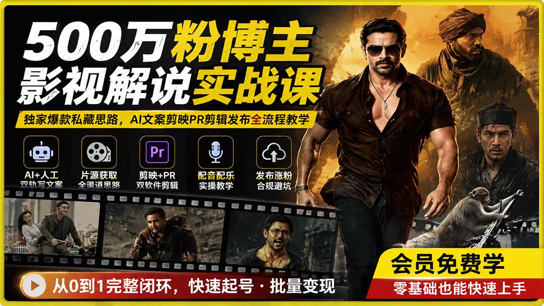 500万粉博主影视解说实战课|独家爆款私藏思路,AI文案剪映PR剪辑发布全流程教学-韬哥副业项目资源网