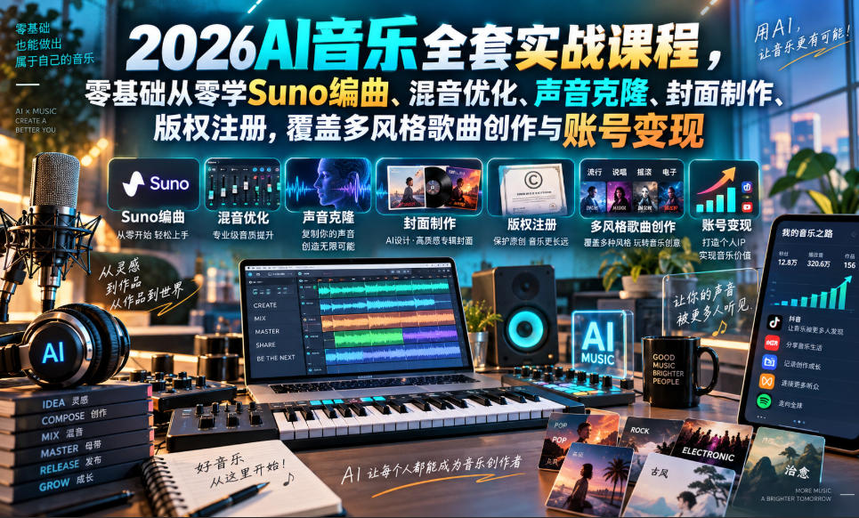 2026AI音乐实战课程，零基础从零学Suno编曲、混音优化、声音克隆、版权注册，覆盖多风格歌曲创作与账号变现-韬哥副业项目资源网