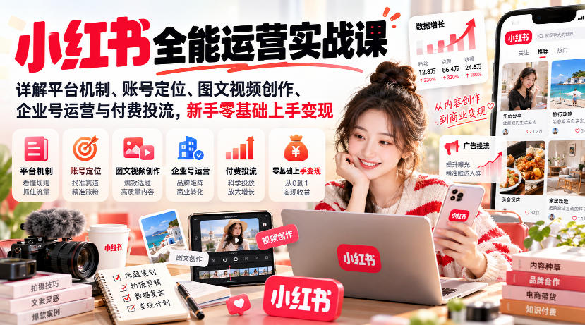 小红书全能运营实战课，详解平台机制、账号定位、图文视频创作、企业号运营与付费投流，新手零基础上手变现-韬哥副业项目资源网