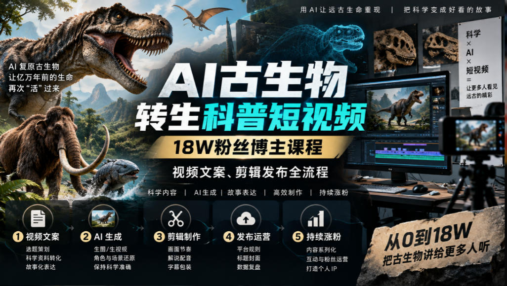 AI古生物转生科普短视频,18W粉丝博主课程,视频文案、剪辑发布全流程-韬哥副业项目资源网