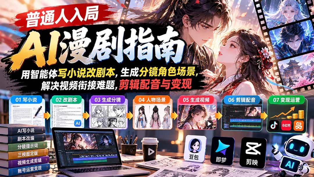 （21033期）【无水印】普通人入局AI漫剧指南：用智能体写小说改剧本，生成分镜角色场景，解决视频衔接难题，剪辑配音与变现-韬哥副业项目资源网