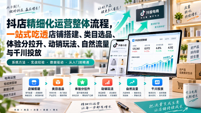 李哥电商-抖店精细化运营整体流程，一站式吃透店铺搭建、类目选品、体验分拉升、动销玩法、自然流量与千川投放-韬哥副业项目资源网
