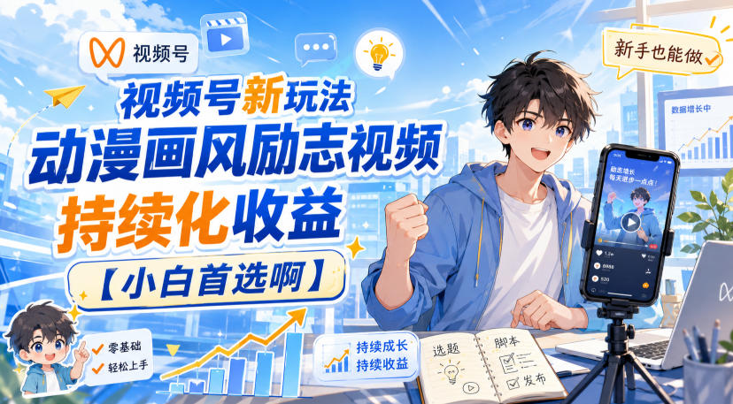 视频号新玩法动漫画风励志视频，持续化收益【小白首选啊】-韬哥副业项目资源网