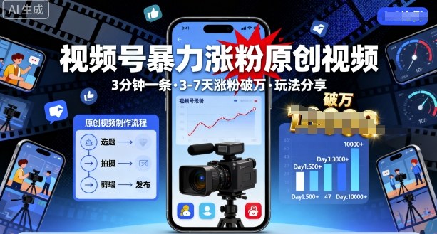 视频号暴力涨粉原创视频，3分钟一条原创视频，3-7天涨粉破万，玩法分享给你-韬哥副业项目资源网