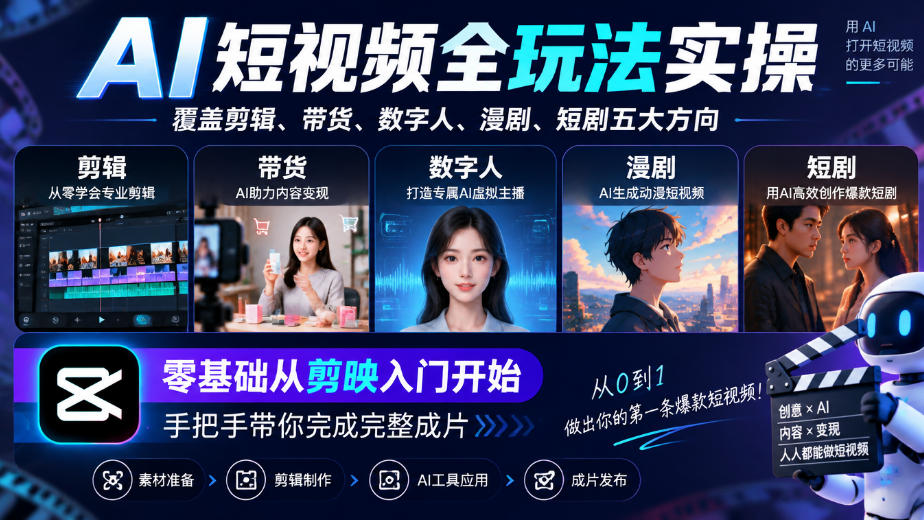 AI短视频全玩法实操，覆盖剪辑、带货、数字人、漫剧、短剧五大方向，零基础从剪映入门开始，手把手带你完成完整成片-韬哥副业项目资源网