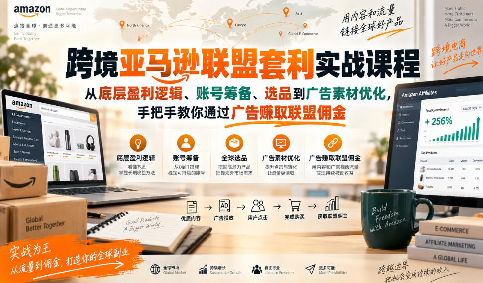 跨境亚马逊联盟套利实战课程，从底层盈利逻辑、账号筹备、选品到广告素材优化，手把手教你通过广告賺取联盟佣金-韬哥副业项目资源网