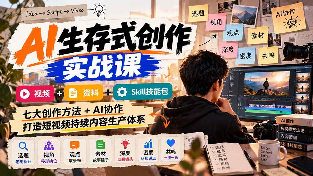 (21081期)AI生存式创作实战课:视频+资料+Skill技能包,七大创作方法+AI协作,打造短视频持续内容生产体系-韬哥副业项目资源网