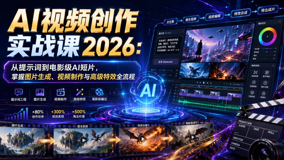 AI视频创作实战课2026：从提示词到电影级AI短片，掌握图片生成、视频制作与高级特效全流程-韬哥副业项目资源网