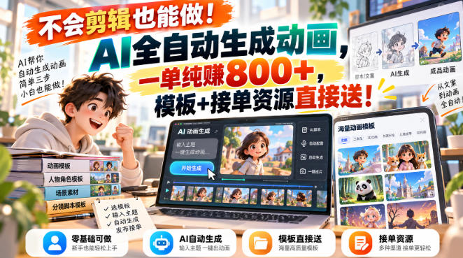 不会剪辑也能做!AI全自动生成动画,一单纯賺800+,模板+接单资源直接送!【揭秘】-韬哥副业项目资源网