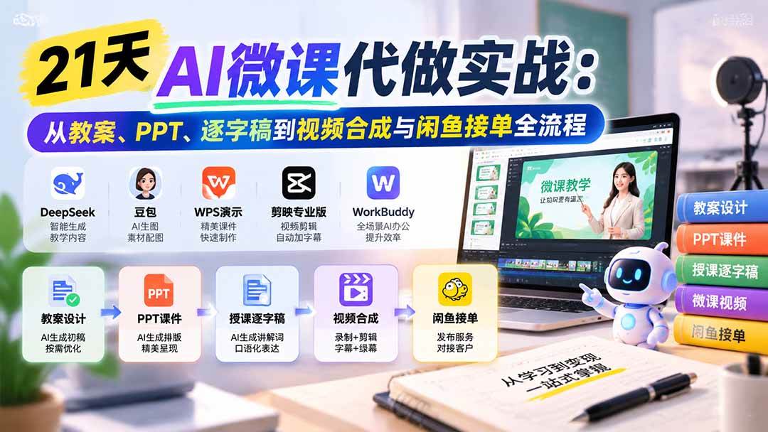 （21065期）21天AI微课代做实战：从教案、PPT、逐字稿到视频合成与闲鱼接单全流程-韬哥副业项目资源网