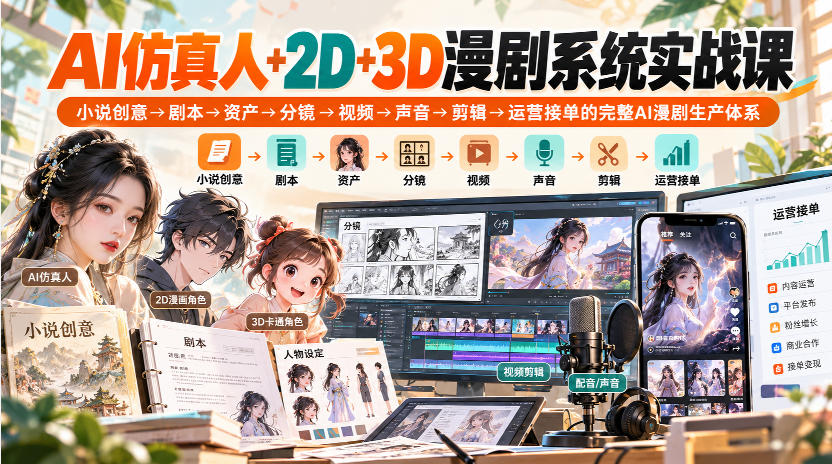 【无水印】AI仿真人+2D+3D漫剧系统实战课，小说创意→剧本→资产→分镜→视频→声音→剪辑→运营接单的完整AI漫剧生产体系-韬哥副业项目资源网