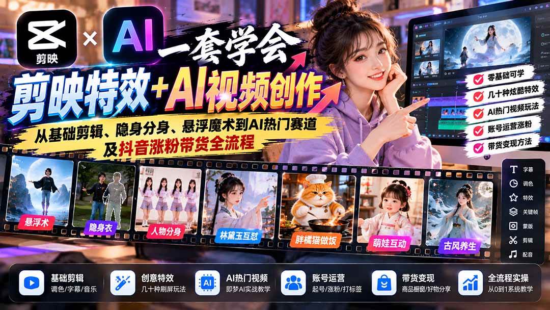 （20999期）一套学会剪映特效+AI视频创作：从基础剪辑、隐身分身、悬浮魔术到AI热门赛道及抖音涨粉带货全流程-韬哥副业项目资源网