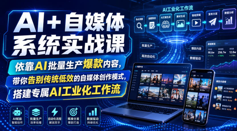 AI+自媒体系统实战课，依靠AI批量生产爆款内容，带你告别传统低效的自媒体创作模式，搭建专属AI工业化工作流-韬哥副业项目资源网