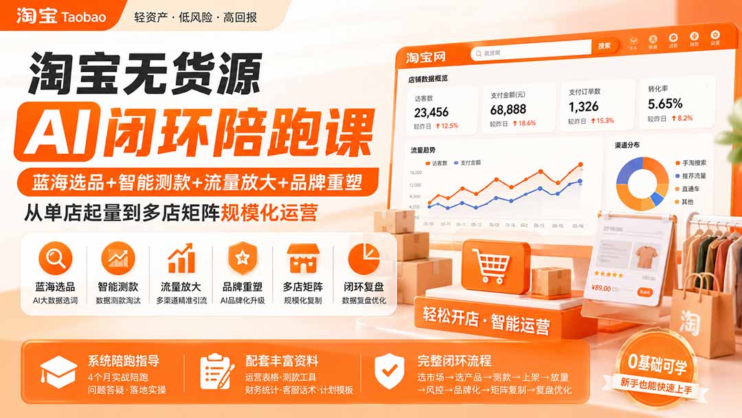 淘宝无货源AI闭环陪跑课：蓝海选品+智能测款+流量放大+品牌重塑，从单店起量到多店矩阵规模化运营-韬哥副业项目资源网