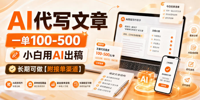 AI代写文章，一单100-500，小白用AI出稿，长期可做【附接单渠道】【揭秘】-韬哥副业项目资源网