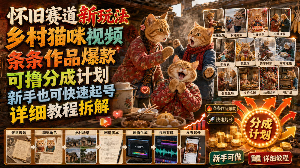 怀旧赛道新玩法，乡村猫咪视频，条条作品爆款，可撸分成计划，新手也可快速起号，详细教程拆解-韬哥副业项目资源网