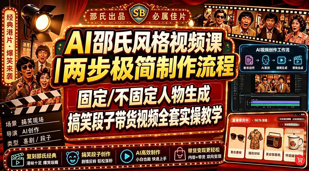 AI邵氏风格视频课｜两步极简制作流程，固定/不固定人物生成，搞笑段子带货视频全套实操教学-韬哥副业项目资源网