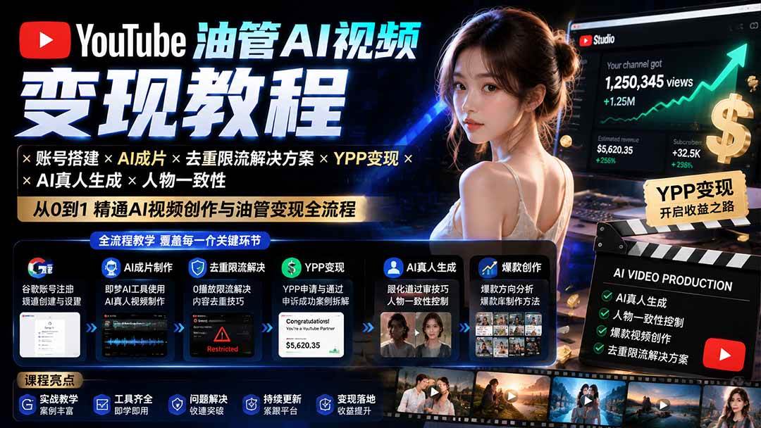 （20649期）YouTube油管AI视频变现教程-更新0926：账号搭建×AI成片×去重限流解决方案×YPP变现×AI真人生成×人物一致性