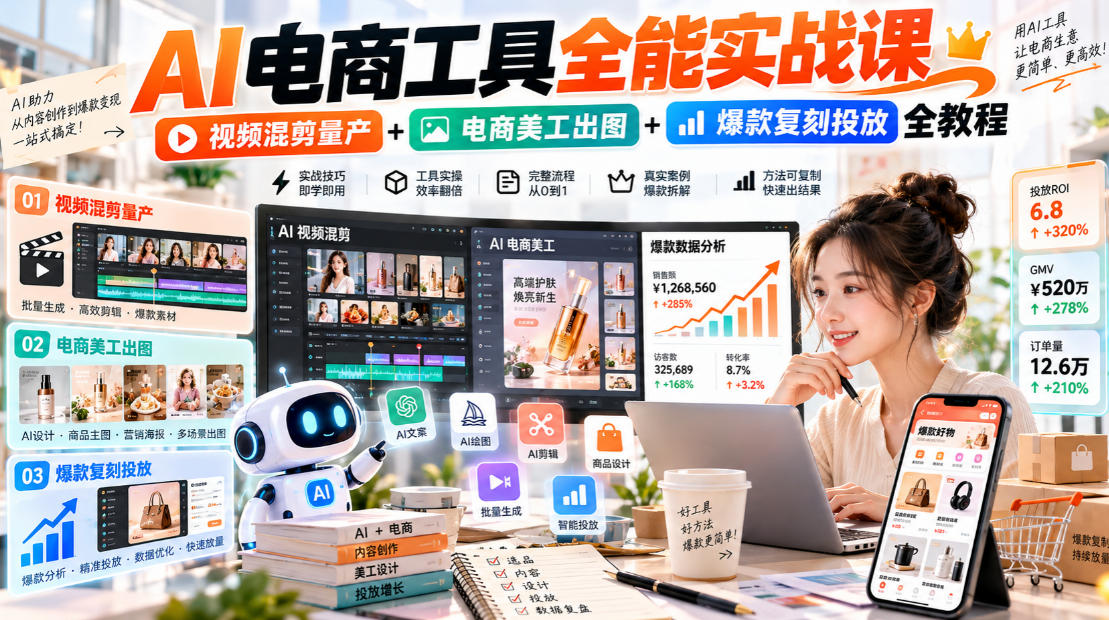 AI电商工具全能实战教学,视频混剪量产+电商美工出图+爆款复刻投放全教程-韬哥副业项目资源网