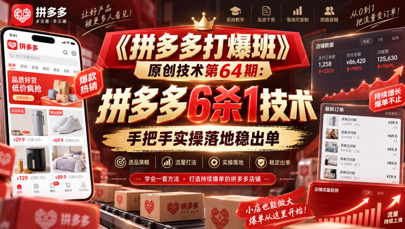 《拼多多打爆班》原创技术第64期：拼多多6杀1技术，手把手实操落地稳出单-韬哥副业项目资源网