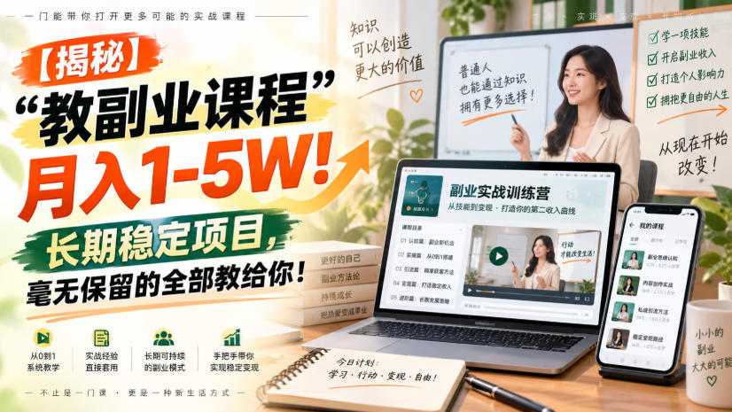 【揭秘】“教副业课程”月入1-5W！长期稳定项目，毫无保留的全部教给你！-韬哥副业项目资源网