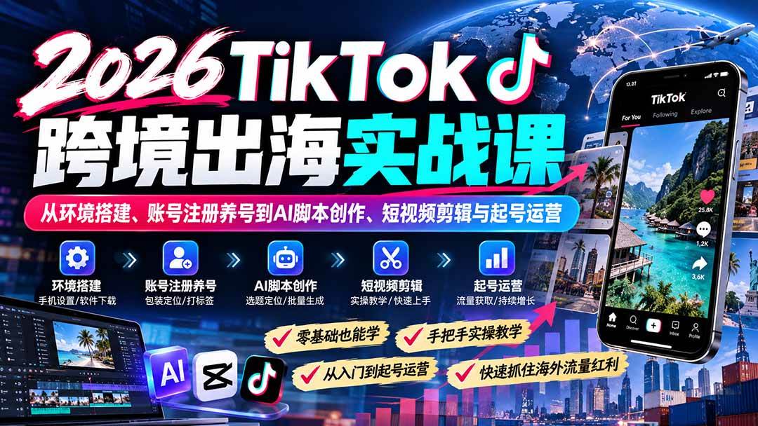 (21170期)2026TikTok跨境出海实战课:从环境搭建、账号注册养号到AI脚本创作、短视频剪辑与起号运营-韬哥副业项目资源网