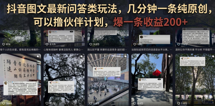 抖音图文最新问答类玩法，几分钟一条纯原创，可以撸伙伴计划，爆一条收益200+-韬哥副业项目资源网