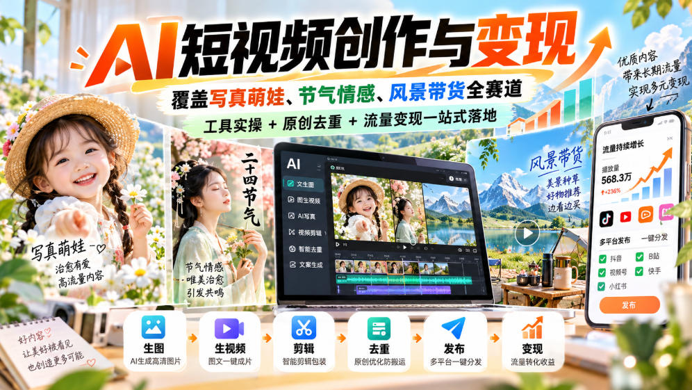 AI短视频创作与变现，覆盖写真萌娃、节气情感、风景带货全赛道，工具实操+原创去重+流量变现一站式落地-韬哥副业项目资源网