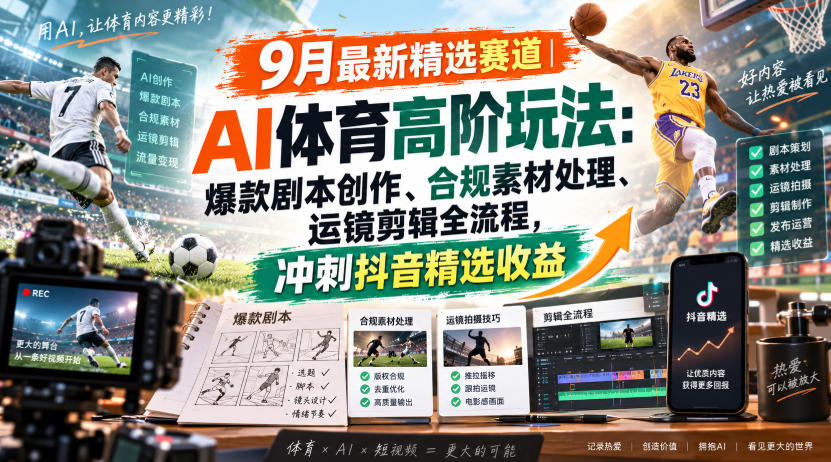 某大佬的9月最新精选赛道之AI体育顶级玩法，爆款剧本创作、版权规避、运镜剪辑全流程，稳拿抖音精选收益-韬哥副业项目资源网