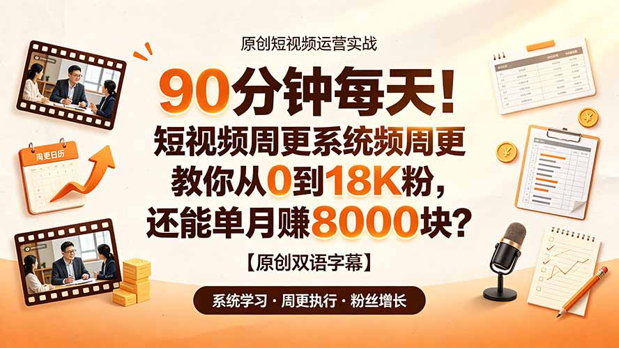 90 分钟每天!短视频周更系统教你从 0 到 18K 粉,还能单月赚 8000 块?【原创双语字幕】-韬哥副业项目资源网