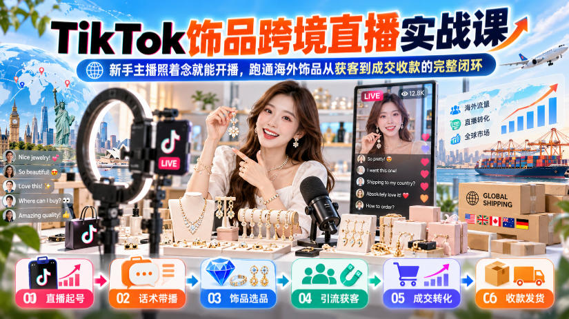 TikTok饰品跨境直播实战课，新手主播照着念就能开播，跑通海外饰品从获客到成交收款的完整闭环-韬哥副业项目资源网