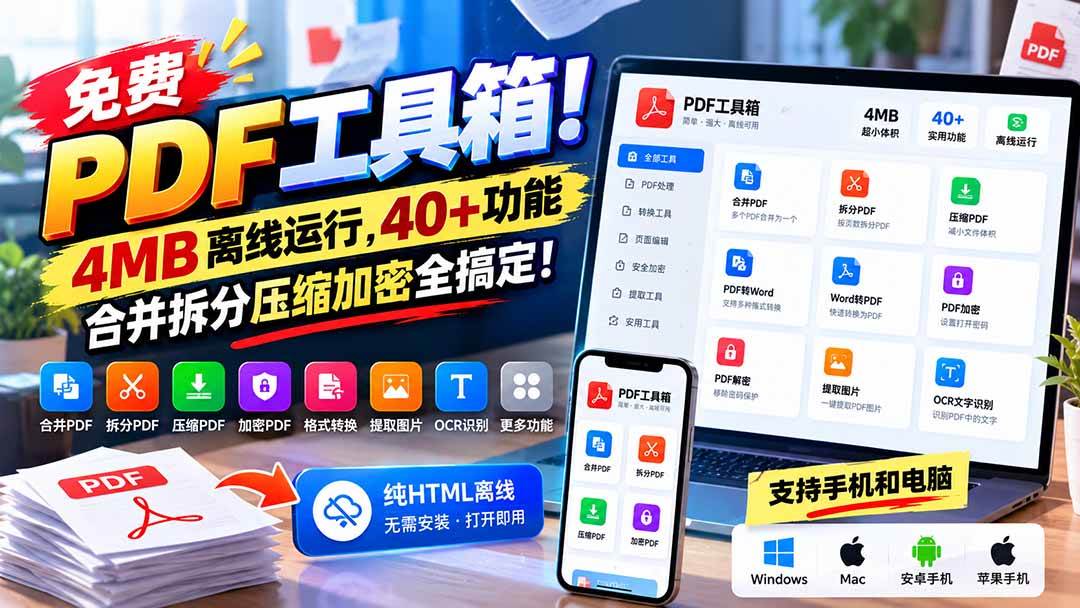 （21197期）免费PDF工具箱！4MB离线运行，40+功能，合并拆分压缩加密全搞定！-韬哥副业项目资源网