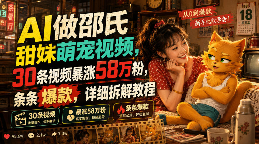 AI做邵氏甜妹萌宠视频，30条视频暴涨58万粉，条条爆款，详细拆解教程-韬哥副业项目资源网