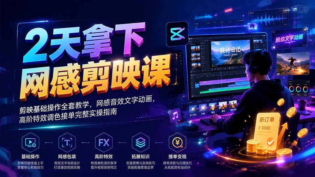 2天拿下网感剪辑课｜剪映基础操作全套教学，网感音效文字动画，高阶特效调色接单完整实操指南-韬哥副业项目资源网