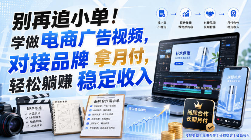 别再追小单！学做电商广告视频，对接品牌拿月付，轻松躺賺稳定收入【原创双语字幕】-韬哥副业项目资源网