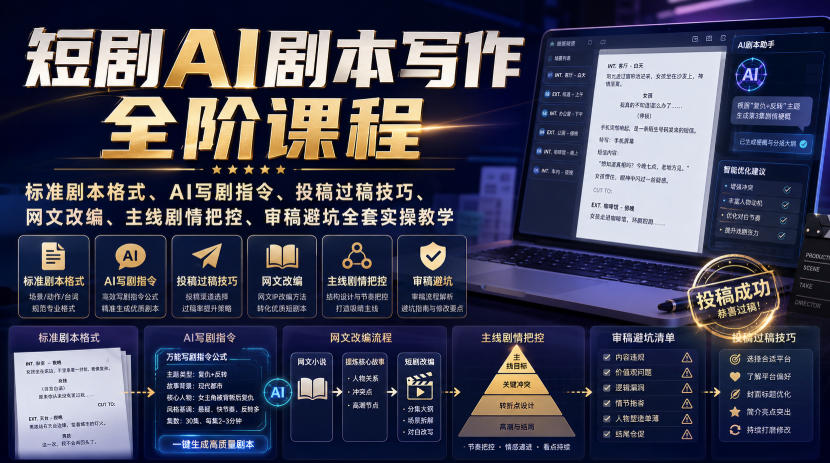 短剧AI剧本写作全阶课程|标准剧本格式、AI写剧指令、投稿过稿技巧、网文改编、主线剧情把控、审稿避坑全套实操教学-韬哥副业项目资源网
